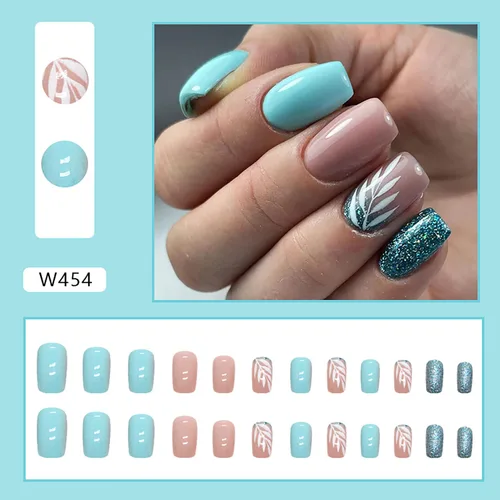 Miniatura 4 de Uñas postizas cortas cuadradas con forma de ataúd, cobertura completa, reutilizables, con pegamento, uñas adhesivas con diseños de hojas blancas