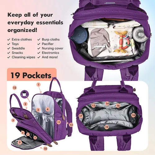 Miniatura 3 de Dikaslon Mochila para pañales con cambiador portátil, funda para chupete y correas para cochecito, bolsas de bebé unisex grandes para niños y niñas