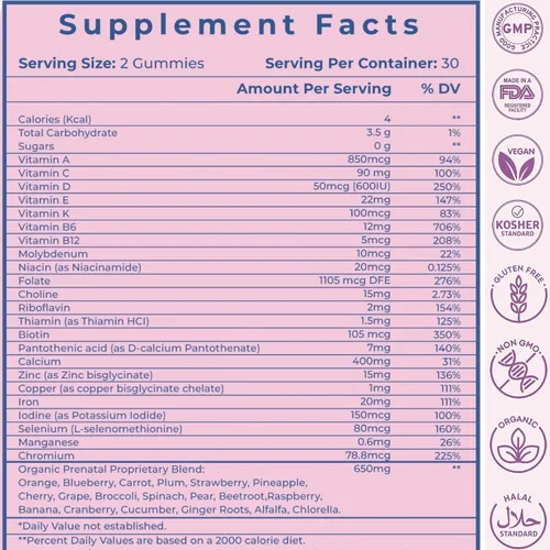 Miniatura 5 de VIDAVITE Gomitas prenatales sin azúcar, más de 30 nutrientes (colina, folato, hierro, vitaminas) para apoyo fetal y neuronal, huesos, energía e