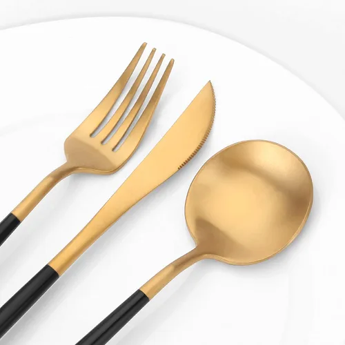 Miniatura 3 de Vanys - Juego de cubiertos dorados mate con mango negro, juego de cubiertos de acero inoxidable de 20 piezas, juego de utensilios de cocina para 4