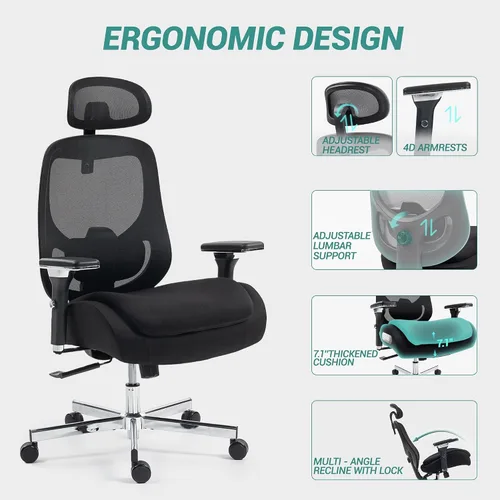 Miniatura 8 de Silla de Oficina Grande y Alta de 750 LBS, Silla Ejecutiva de Servicio Pesado con Brazos 4D, Silla Ergonómica de Escritorio para Computadora