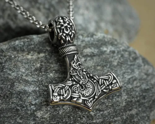 Miniatura 59 de Viking Thors Hammer Necklace Pendant - Vegvisir Aegishjalmur Helm of Awe Raven Huginn Muninn Pendant Necklace Amulet Talisman - Thor Necklace