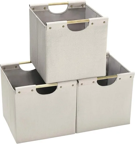 Miniatura 12 de HOONEX Contenedores de almacenamiento plegables, cubos de almacenamiento de tela de lino de 12 x 12 x 12 pulgadas, paquete de 3, cestas