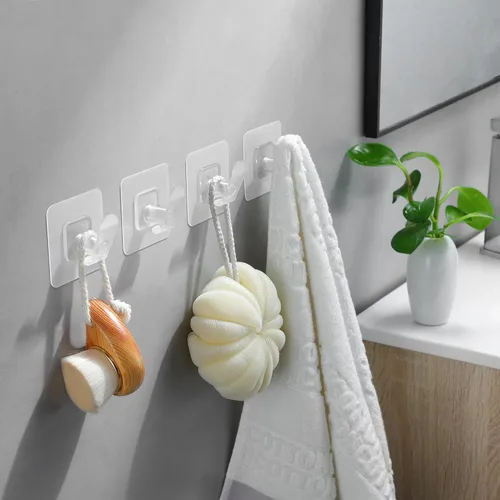Miniatura 20 de DELITON Paquete de 4 ganchos adhesivos para toallas - Blancos, ganchos autoadhesivos resistentes para pegar en la pared, para colgar batas, abrigos