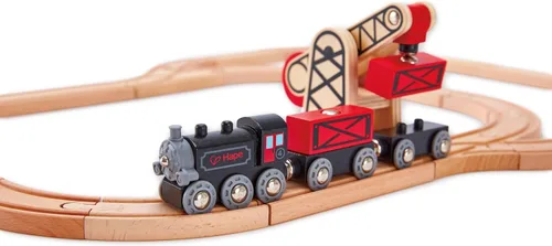 Miniatura 7 de Hape Steam-Era Tren de carga Juguete clásico de locomotora para niños negro y rojo con vagones de carga descargables
