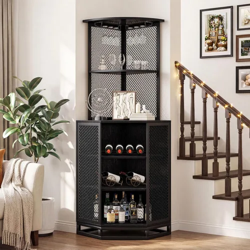 Miniatura 6 de IBF Armario esquinero de 71 pulgadas de alto para vino con soporte para vidrio, almacenamiento de licor industrial de 5 niveles con estante