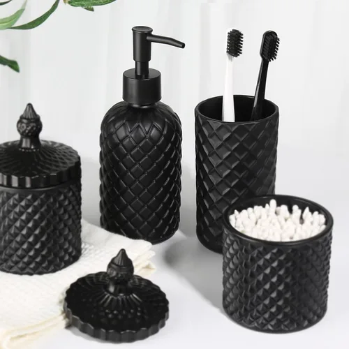 Miniatura 6 de RYTOXILO Juego de accesorios de baño negro mate, paquete de 4 juegos de accesorios de baño negros, dispensador de jabón de vidrio de diamante