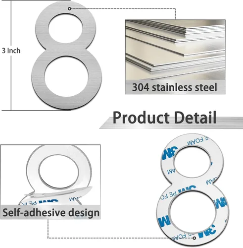 Miniatura 3 de Números de casa modernos de 3 pulgadas, número de buzón de correo plateado cepillado, material de acero inoxidable, números de puerta autoadhesivos 8