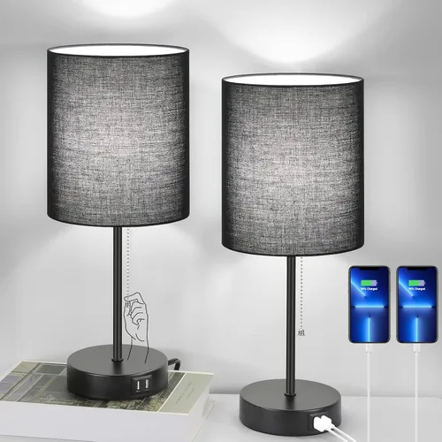 Miniatura 13 de Juego de 2 lámparas de mesa con puertos de carga USB, lámparas de noche blancas con salida de CA, lámparas de mesita de noche con interruptor