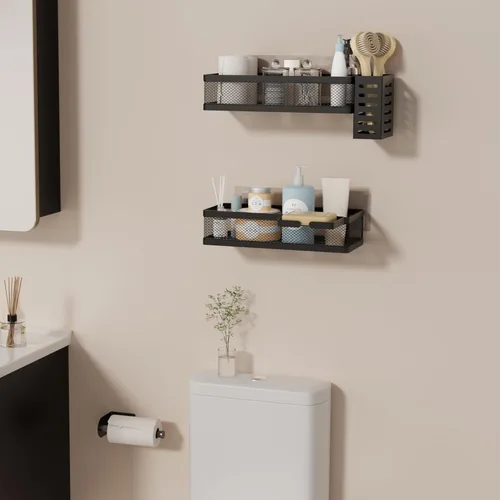 Miniatura 7 de PUSDON Paquete de 2 Cestas Colgantes de Pared de Metal para Montaje DIY Adecuadas para Múltiples Escenarios - Malla Negra Media