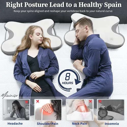 Miniatura 6 de Almohada cervical para aliviar el dolor de cuello, almohadas ergonómicas de contorno lateral para adultos, almohadas refrescantes de espuma Blanco