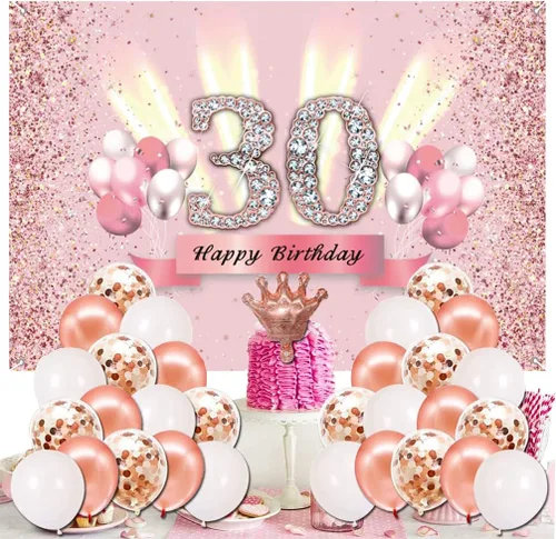 Miniatura 5 de Decoraciones de cumpleaños número 30 para mujer, cartel de fondo de feliz cumpleaños 30, cartel de tela para fiesta de aniversario de 30 años