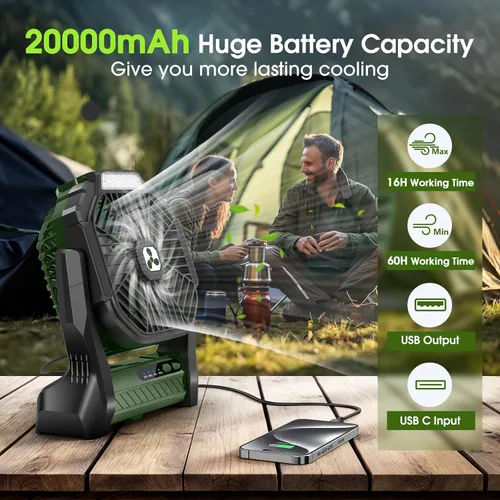 Miniatura 2 de Ventilador Portátil Recargable, 20000mAh Ventiladores Inalámbricos con Batería para Tienda de Campaña con Linterna LED, Pequeño Ventilador Exterior