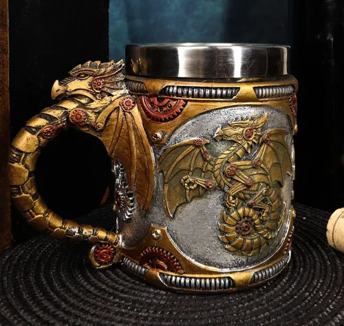 Miniatura 9 de Ebros Gift Fantasía Golden Steampunk Cyborg Dragón robótico en viaje a la luna Cerveza Stein Tankard Taza de café Calabozos y Dragones Victoriano