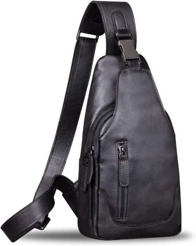 IVTG Bolso bandolera de cuero genuino para hombres y mujeres, bolso cruzado de hombro en el pecho, mochila de senderismo, mochila vintage hecha a