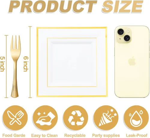 Miniatura 5 de RDF oro placas plásticas con tenedores de plástico-6 "100 platos de postre cuadrados disponibles con borde de oro y 100 tenedores de postre oro