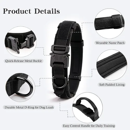 Miniatura 2 de Collar táctico para perro, ajustable, militar, de nailon, con asa de control y hebilla de metal resistente para perros medianos y grandes (negro, S)