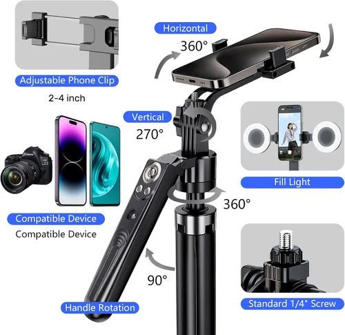 Miniatura 6 de Trípode para selfie stick de seguimiento automático de cara para iPhone con luz, soporte de trípode para cámara de teléfono de 70.9 pulgadas