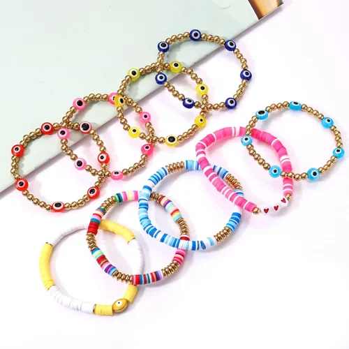 Miniatura 66 de Surfer Heishi - Pulseras apilables para mujer, apilables, de vinilo arcoíris, disco de arcilla, pulseras elásticas para la amistad, joyería bohemia
