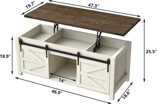 Miniatura 2 de Furnihold Mesa auxiliar de 47.3 pulgadas con almacenamiento, mesa de centro de madera de granja con parte superior elevable, puertas corredizas