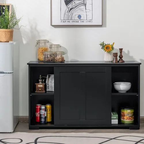 Miniatura 2 de NAFORT Aparador de madera con puertas correderas, mesa de consola de almacenamiento de cocina, barra de café con estante ajustable para sala de Negro