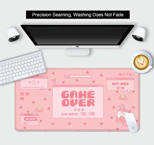 Miniatura 3 de Tapete de escritorio con leche de fresa, Kawaii rosa pastel, tapete de escritorio para juegos para juegos, lindas alfombrillas grandes para mouse