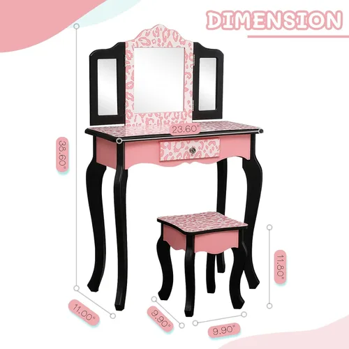 Miniatura 2 de Juego de mesa de tocador y taburete de madera para niños, estación de tocador de maquillaje con espejo desmontable de tres pliegues y cajón