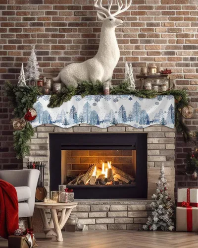 Miniatura 3 de Mantel con diseño de copo de nieve azul para chimenea de Navidad, bufanda para repisa, estola para estantes, renos, alces, nieve, bosque, cubierta