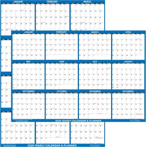 32" x 48" SwiftGlimpse - Calendario de pared 2026, borrable, grande XL, borrado en húmedo y seco, laminado, 12 meses, agenda anual, reversible, azul
