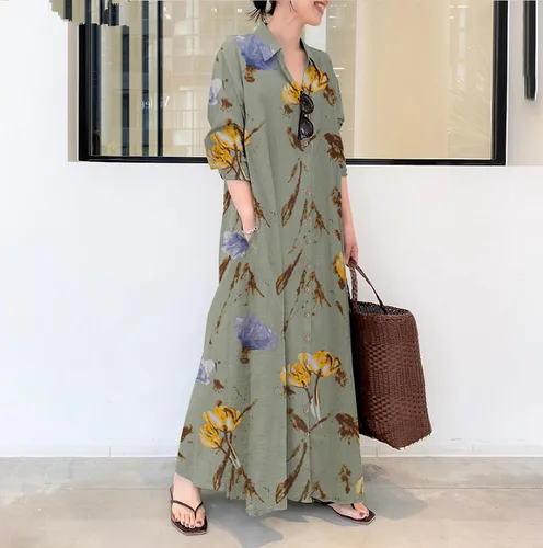 Miniatura 2 de TIAFORD Vestido largo casual de lino de algodón con botones para mujer, manga larga, con solapa, holgado, talla grande, con 2 bolsillos