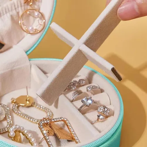 Miniatura 5 de Joyero de viaje, mini organizador portátil con cremallera, de piel sintética sintética, pequeñas cajas de almacenamiento para anillos, aretes