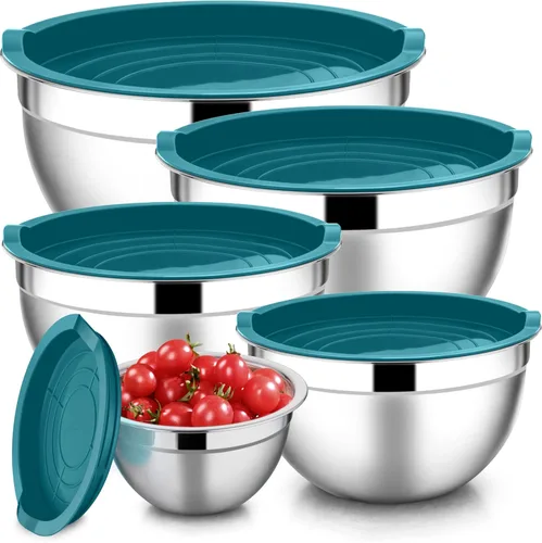 E-far Juego de 5 tazones para mezclar con tapas color azul turquesa, cuencos de acero inoxidable con cubiertas herméticas para cocinar, hornear,