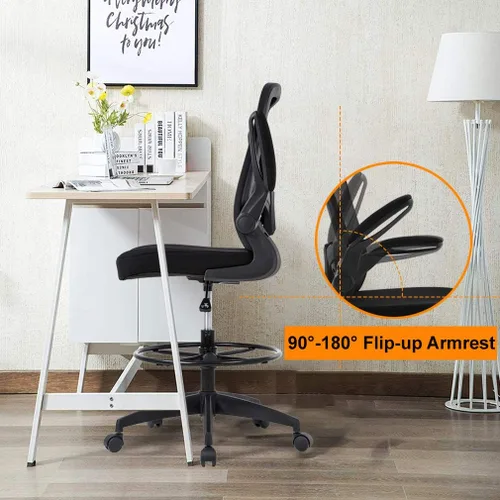 Miniatura 4 de Silla de oficina alta, de altura ajustable, con soporte lumbar y brazos abatibles; silla de respaldo de malla con reposapiés. Banco para escritorio