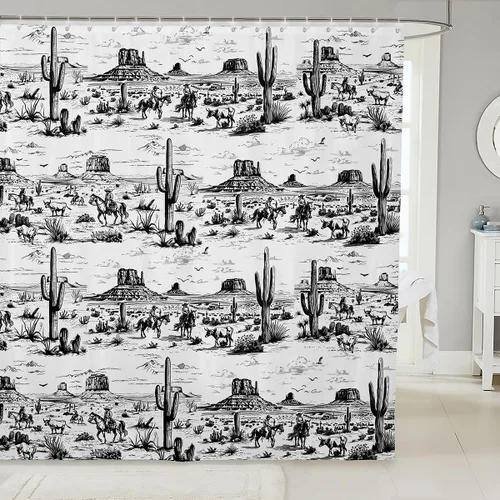 Miniatura 25 de Cortinas de ducha de vaquero occidental, cortinas de baño rústicas para niños, niñas y hombres, cortinas impermeables retro de estilo rústico con 12
