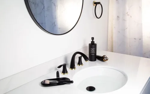 Miniatura 9 de Grifo de Baño Negro y Dorado de 3 Orificios, Lava Odoro Grifo de Baño Extendido de 8 Pulgadas con 2 Manijas, Grifo de Lavabo de Baño, Grifo de Oro
