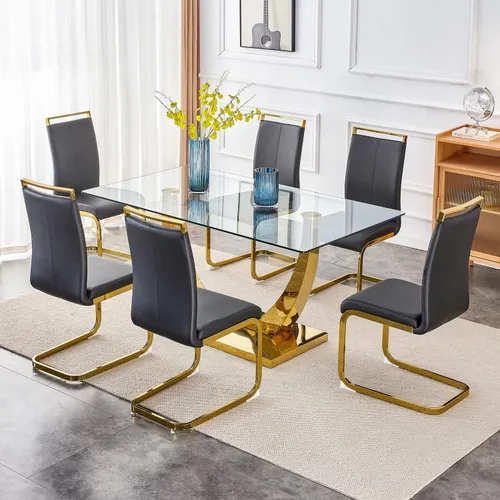 Miniatura 40 de Juego de mesa de comedor de 63 pulgadas para 4, juego de mesa de comedor dorado moderno para 4, juego de mesa de cocina de mármol sintético con negro