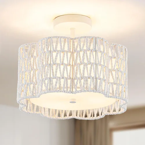 Miniatura 11 de ✿ Lámpara de Techo de Ratán Tejido a Mano de 13.8" con 3 Luces Montaje Empotrado Boho Negro para Dormitorio Pequeño y Guardería, Luz de Techo