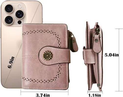 Miniatura 6 de Billetera para mujer, plegable, con bloqueo RFID, de cuero, tarjetero compacto con bolsillo para monedas con cremallera, Rosa, Cartera de cuero