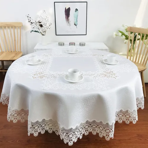 Miniatura 17 de Mantel de encaje para mesas de comedor redondas de 70 pulgadas, diseño de peonías blancas, vintage, para fiestas, bodas, tela lavable para banquetes