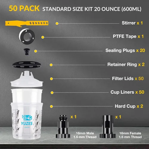 Miniatura 2 de YUZES Sistema de Vasos de Mezcla de Pintura de 20 Onzas (600ml), 50 Revestimientos y Tapas de Vasos de Pintura Desechables, 2 Vasos Rígidos