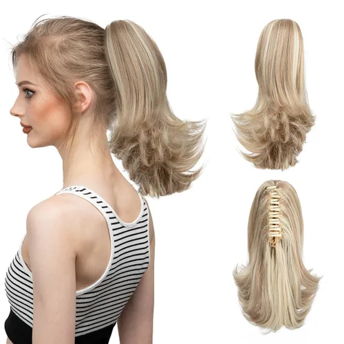 Miniatura 10 de CJL HAIR - Extensión de cola de caballo con clip de garra corto, cordón elástico, cabello rizado falso, balayage, pieza de cabello sintético, fibra