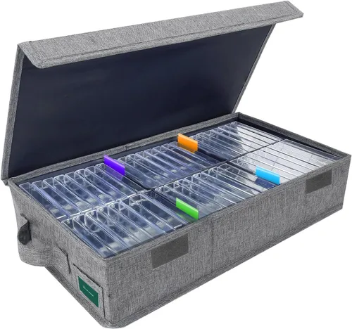 Caja de almacenamiento de cinta de casete, práctico soporte de cinta de casete de 16.34 x 9.25 x 3.54 pulgadas, estante de casetes con tapas y