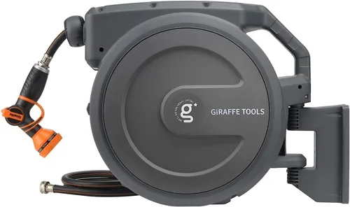 Giraffe Tools AW30 - Carrete de manguera de jardín retráctil de 1/2 pulgada x 100 pies, carrete de manguera de agua montado en la pared, rebobinado