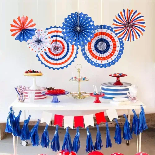 Miniatura 3 de Juego de 12 abanicos de papel para colgar para fiestas, estrellas y rayas del 4 de julio, temática patriótica de Estados Unidos, decoración