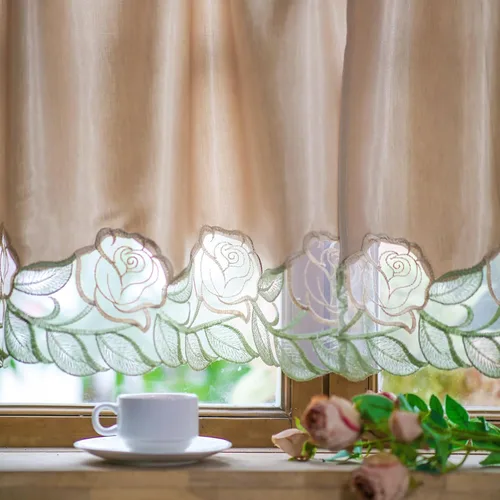 Miniatura 4 de SUTAVIA Juego de 2 cortinas clásicas de encaje rosa para cocina, cortinas de cafetería, cortinas de satén dorado con bolsillo para barra