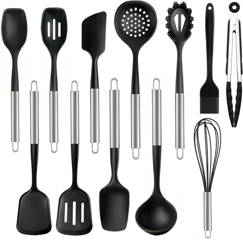 12PCS Kitchen Utensil Set, Silicone Cooking Tools with Stainless Steel Handle, BPA Free Spatula Spoon Ladle Set, Heat Resistant and Non-Scratch for