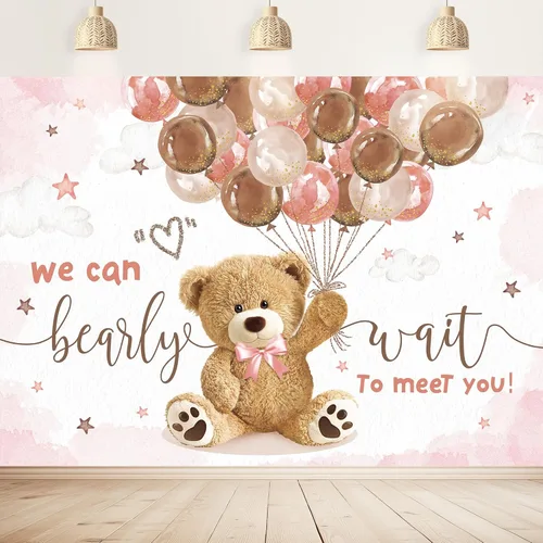 Miniatura 17 de Telón de fondo de oso para baby shower, de 5 pulgadas de ancho x 3 de alto, con texto en inglés «We Can Bearly Wait Brown Blue Balloons» de dibujos