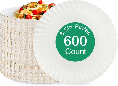 JOLLY PARTY Platos de papel de 8.5 pulgadas sin recubrimiento, 600 unidades de platos desechables diarios, platos de papel ligeros blancos, platos