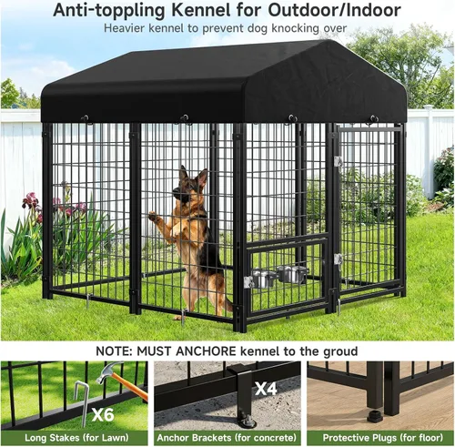 Miniatura 3 de Perrera para Perros al Aire Libre, Perrera para Perros con Techo y Comederos Giratorios/Puerta para Perros Desmontable Permite Conectar Su Casa
