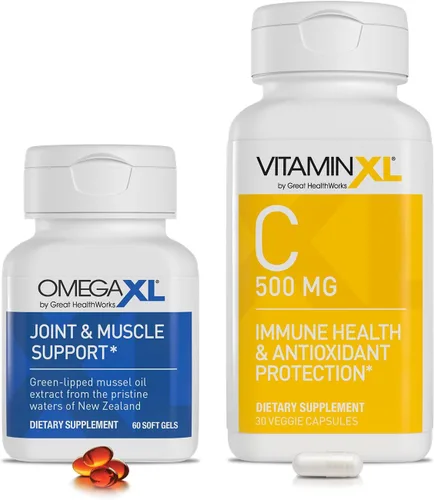 OmegaXL Suplemento de apoyo articular, apoyo muscular natural (60 cápsulas blandas) y suplemento de vitamina C VitaminXL para apoyo antioxidante,